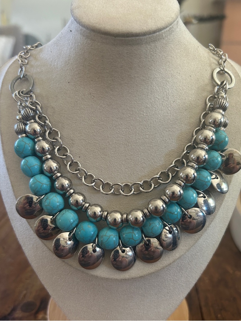 Turquoise Beaded Silver Statement Necklace w Matching earrings